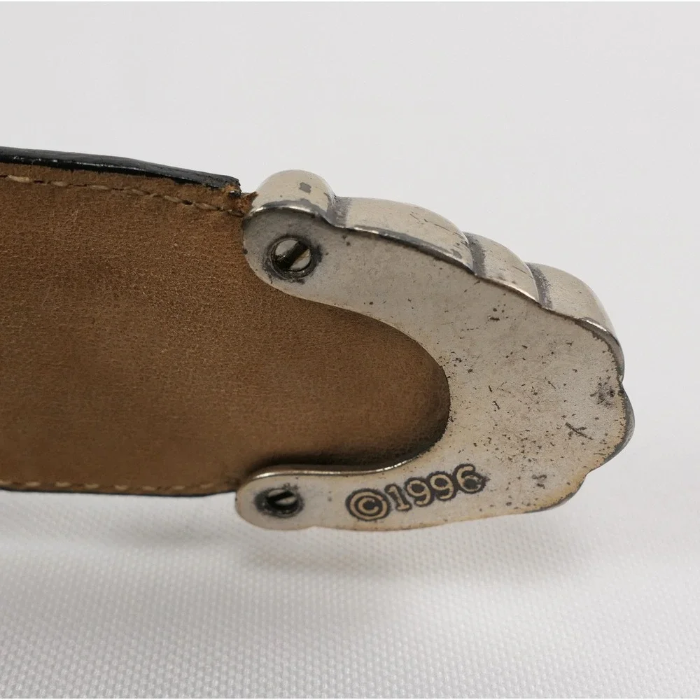 VTG Brighton Black Leather Croc Belt Amber Inlay Embossed Silver Buckle '96‎ USA